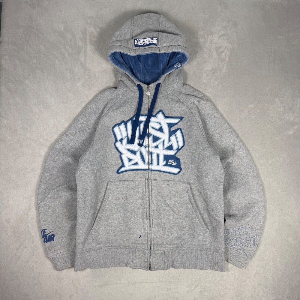 Y2K Mens Nike Just Do It Graffiti Velour Lined Full Zip Hoodie Grey Size M